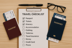 Travel checklist on a clipboard with passports and essentials, representing stress-free vacation planning tips from a travel advisor
