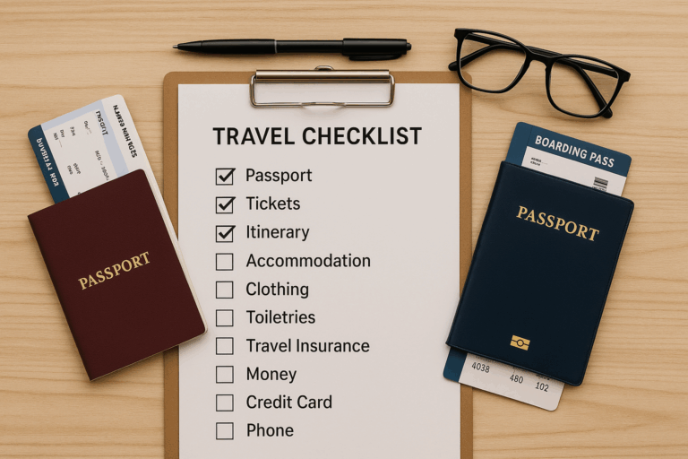 Travel checklist on a clipboard with passports and essentials, representing stress-free vacation planning tips from a travel advisor