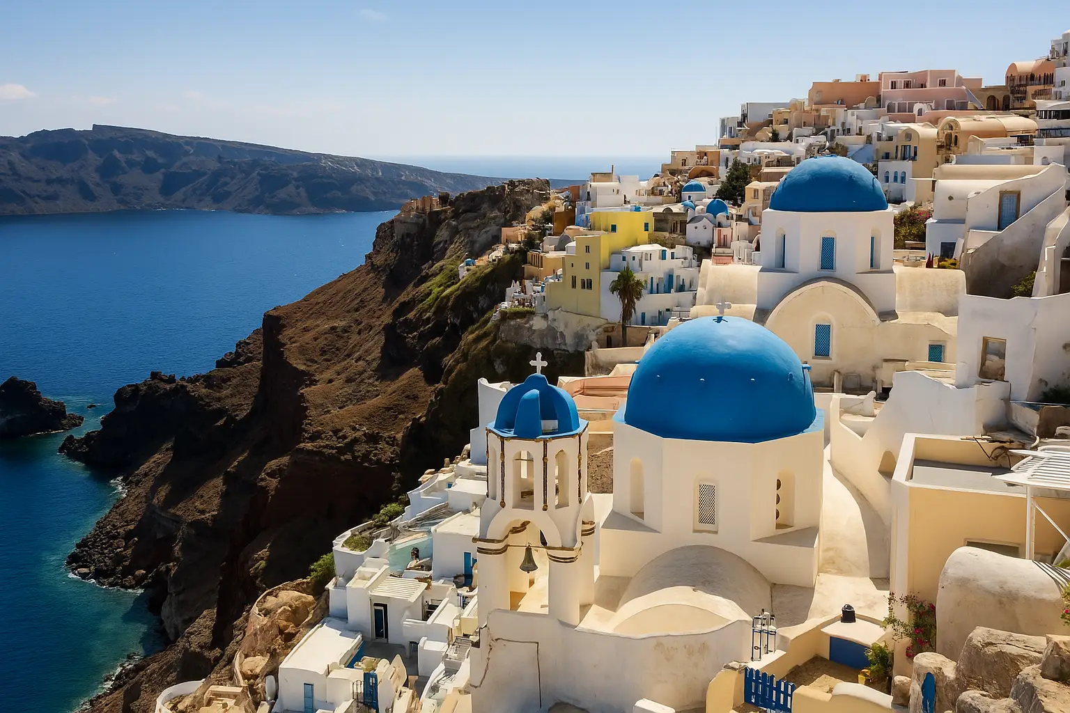 Santorini, Greece — whitewashed buildings and blue-domed churches above the Aegean Sea