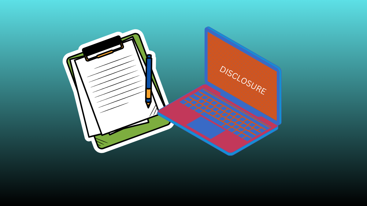 Travel design request icon showing a clipboard with forms and a laptop labeled ‘Disclosure’ over a teal-to-navy gradient background.