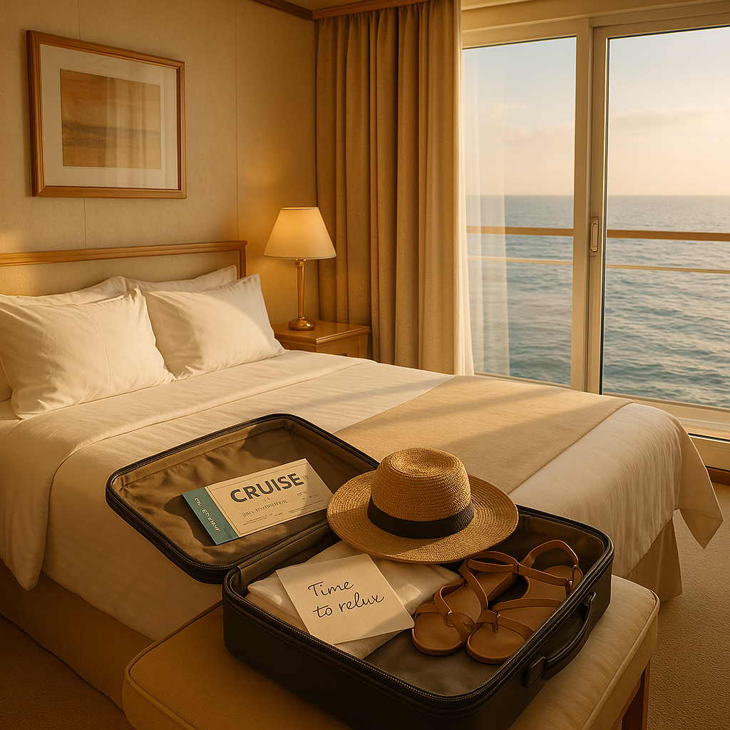 Cruise cabin suitcase being packed with travel essentials and ocean view in the background.