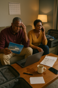 Couple reviewing cruise documents at home after a canceled or disrupted cruise plan.