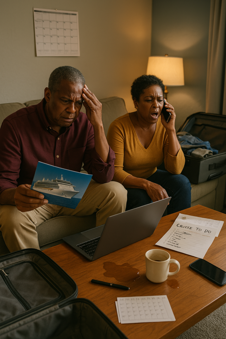 Couple reviewing cruise documents at home after a canceled or disrupted cruise plan.