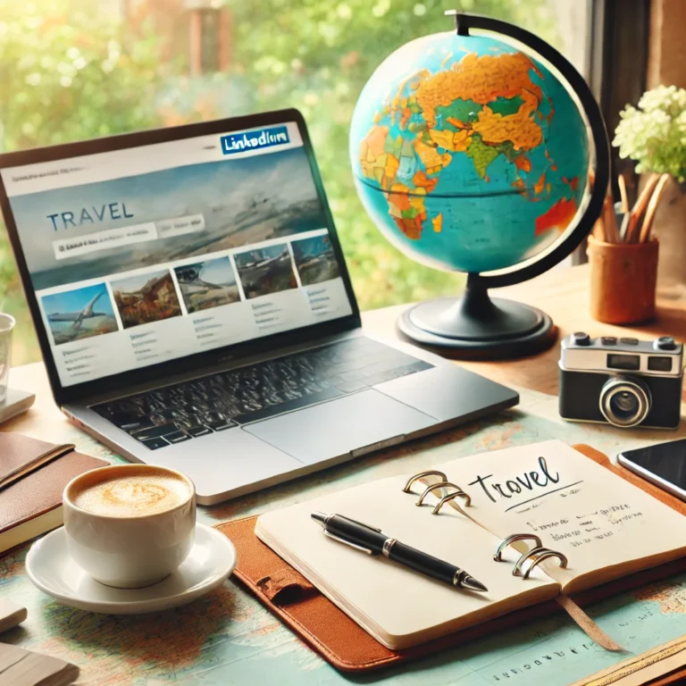 Workspace setup for travel planning with a laptop showing a travel website, a world globe, notebook, coffee cup, and camera on a desk.