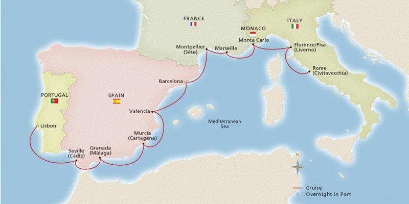 Western Mediterranean cruise route map illustrating how routing and port order affect 2026 cruise planning