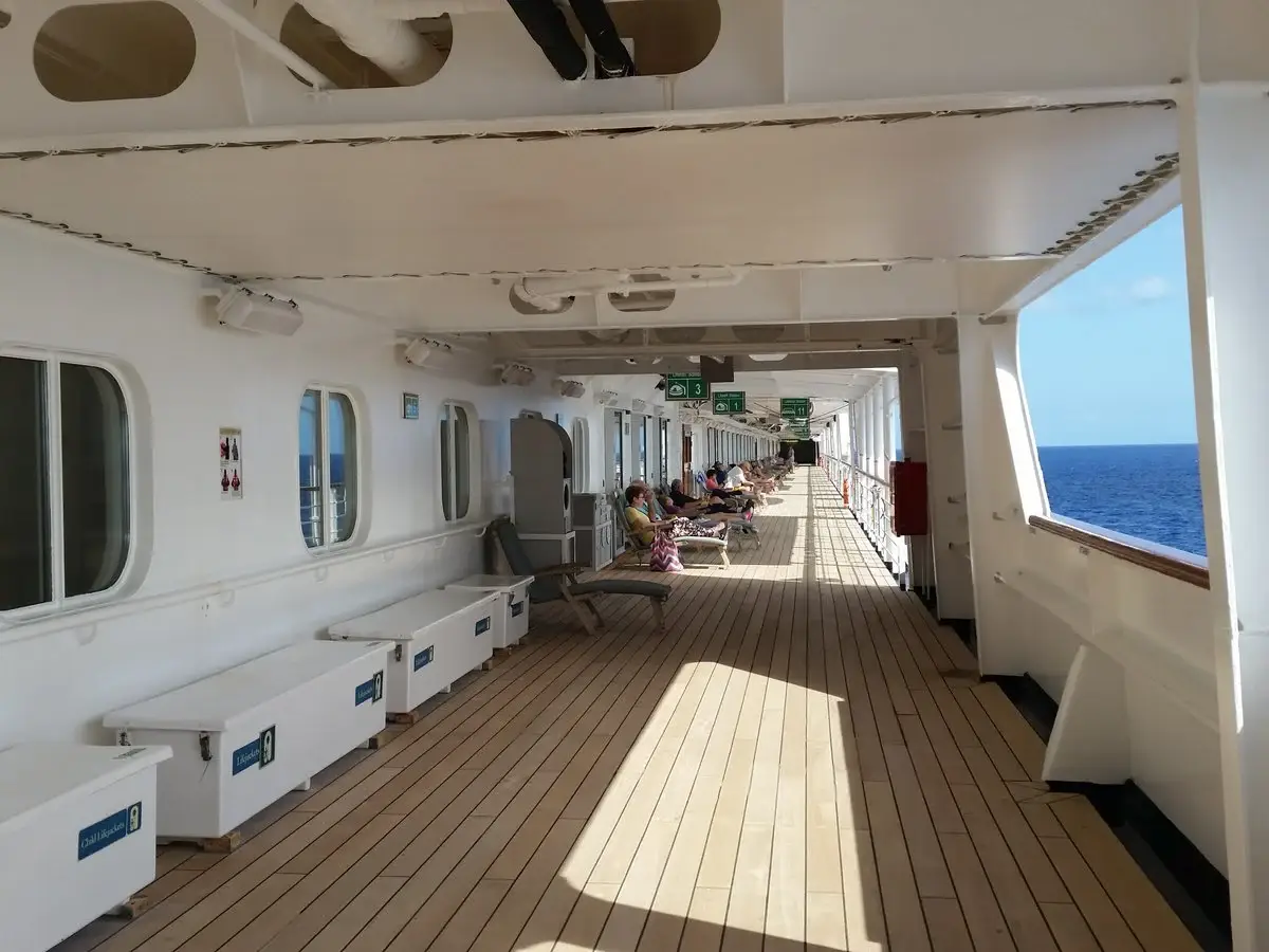 Quiet cruise ship deck with ocean view