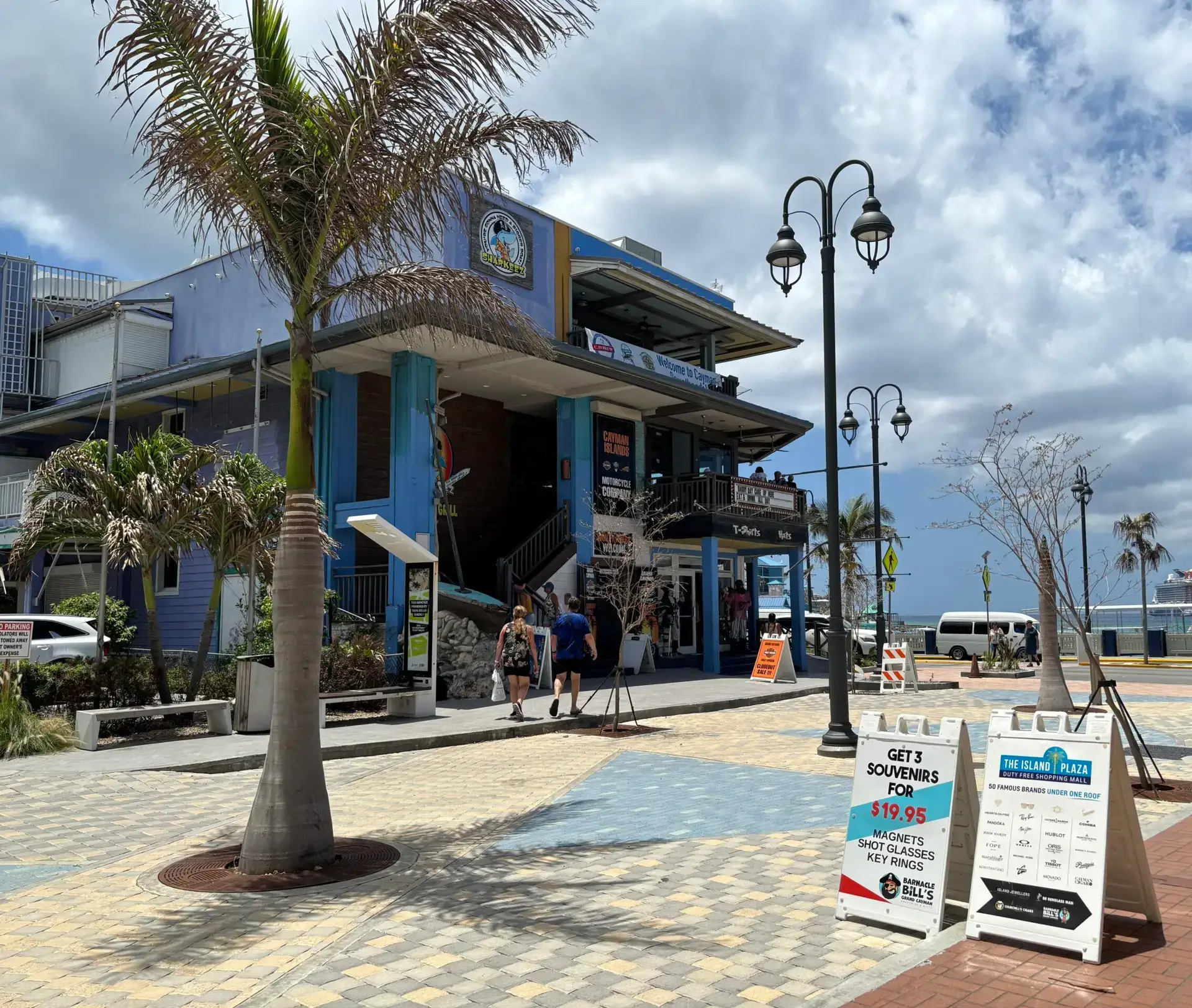 George Town waterfront shops and palm trees in Grand Cayman