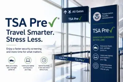 Airport TSA PreCheck security lane with expedited screening signage and no travelers, illustrating airport security changes and REAL ID requirements for domestic flights.