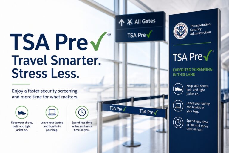 Airport TSA PreCheck security lane with expedited screening signage and no travelers, illustrating airport security changes and REAL ID requirements for domestic flights.