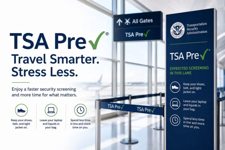 Airport TSA PreCheck security lane with expedited screening signage and no travelers, illustrating airport security changes and REAL ID requirements for domestic flights.